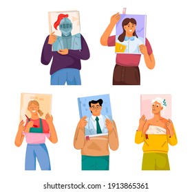 Readers read non fiction books. Men and women hold books with portraits of people on covers. Literature of different genres - history, finance, cooking, science, culture. Vector character illustration