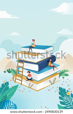 Readers sit down on a large bookcase to read their books