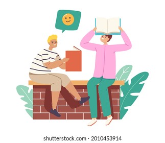 Lectores o personajes estudiantiles sosteniendo un libro sobre la lectura de la cabeza, el trabajo doméstico de aprendizaje o la preparación para exámenes en la universidad o la universidad. Educación, Ganando Conocimiento. Ilustración de vectores de personas de caricatura