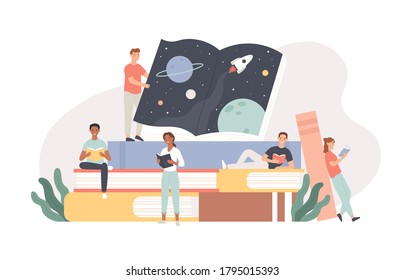 Readers. Tiny young people sitting and lying on giant books stack, reading and studying literature, book lovers characters vector concept. Lover literary, hobby read and learn illustration