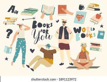 Readers Women and Men Reading Holding Books Above Heads. Young People Students or Bookworms Spend Time in Library, Characters Prepare for Examination in Literature Storage. Linear Vector Illustration