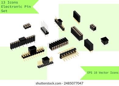 Readily editable vector electronic pins icons isolated on white background.Different types of electronic pins with gold and silver electrodes.Graphic set of 13 electronics component.