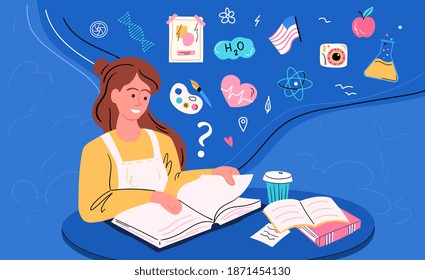 Reading abstract concept. Book, encyclopedia and other information source study, research or explore lifestyle for personality wisdom development. Flat cartoon vector illustration