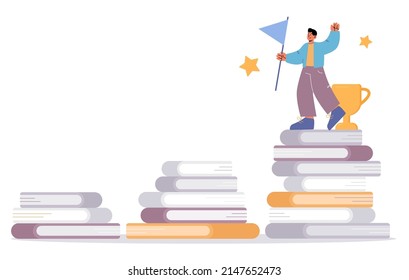 Leer para lograr objetivos, concepto de éxito educativo. Ilustración vectorial plana del hombre con bandera y premio en la parte superior de la pila de libros. Escalera de libros que llevan a ganar