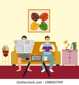 Reading activity while relaxing in the family room, vector design illustration 09
