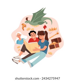 Reading an adventure story. Flat vector illustration of teenage children absorbed in a book about a wizard, dragon and treasure. Ideal for children's reading concepts.