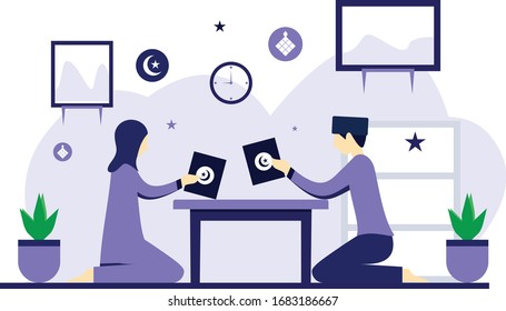 Reading Al Quran Family Flat Illustration