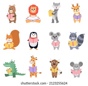 Reading animals characters, bear, lion and wolf read books. Animal kids learning to read books vector illustration set. Smart animals reading together. Squirrel, penguin holding fairy tales