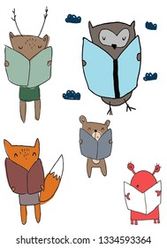 reading Animals, cute vectors prapared for posters, post cards and many projects 