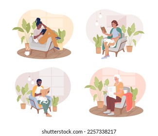 Reading in armchair with houseplants around 2D vector isolated illustrations set. Comfortable flat characters on cartoon background. Colorful editable scene pack for mobile, website, presentation
