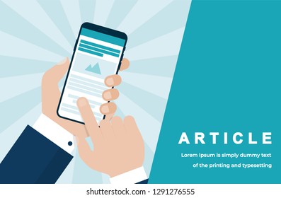 
Reading Article Concept with Businessman Hand Holding a Smartphone with Website View on a Shining Background. Suitable for Web banner, Infographics, Hero images. Flat Vector illustration 