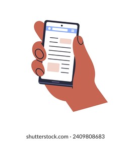 Reading article online on mobile phone screen. Hand holding smartphone with internet news media, information, text, blog on cellphone display. Flat vector illustration isolated on white background