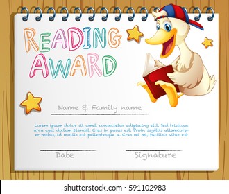Leyendo plantilla de premio con ilustración de libro de lectura de pato