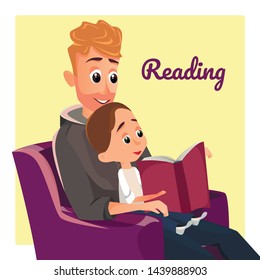 Reading Banner. Father Sit in Armchair Read to Little Son, Boy Listen Vector Illustration. Happy Parenting Fatherhood. Family Bonding. Fairytale Story Book. Baby Night Bedtime Bedroom