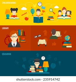 Reading banner flat set with children books library education isolated vector illustration