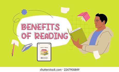 Reading banner template. Student with book and tablet PC. Vector illustration. Horizontal poster with text BENEFITS OF READING. Editable stroke.