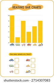 Hoja de trabajo de gráfico de barras de lectura para niños con tema de vehículo que incluye ambulancia, coche de policía, coche, motor de bomberos, excavadora y autobús. Esta hoja de cálculo de lógica matemática imprimible ayuda a los niños a practicar la barra de lectura