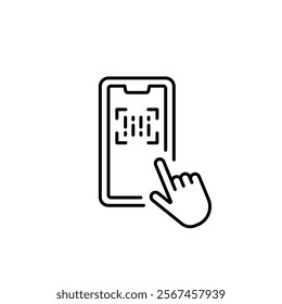 Reading barcodes by phone linear icon. Thin line customizable illustration. Contour symbol. Vector isolated outline drawing. Editable stroke