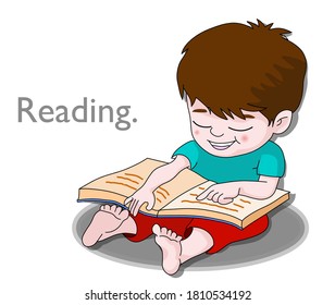 Reading. Barefoot boy holding a big book in his arms. Little boy lying on the ground. Child sitting. Brown hair, shorts. Cartoon character. For education. Vector illustration