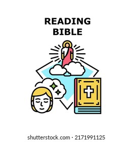 Leyendo el concepto de icono del vector de la biblia. Leer La Biblia Cristiandad Educación Religiosa Y Conocimiento. Religión, Investigación Y Aprendizaje De La Literatura Sagrada, Oración Cristiana De La Ilustración Del Color Del Libro