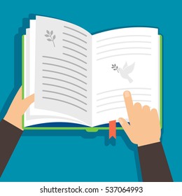 Reading book about birds, top view on the blue background. Vector illustration.