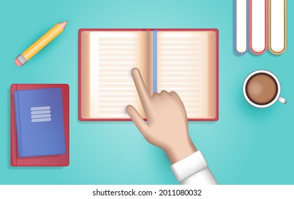 Reading a book. Acquisition of knowledge. Advanced training, development course. Education at school, university, institute. Pupil, student follows of book with his finger. 3D vector web illustration.