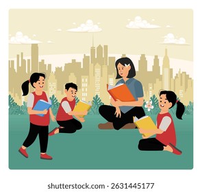 Reading book Activity in the Park. Children and teacher enjoy a reading activity in an outdoor park setting.