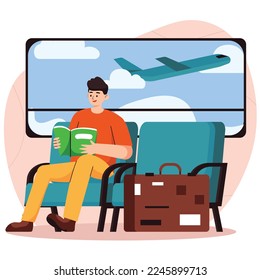 Reading A Book At The Airport Illustration