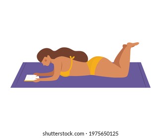 Reading a book at the beach. Woman in bikini lying down and reading book isolated on white background.Vector cartoon flat style. 