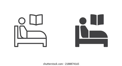 Reading book in bed icon. Bedtime reading line and glyph version, outline and filled vector sign.  linear and full pictogram. Symbol, logo illustration. Different style icons set