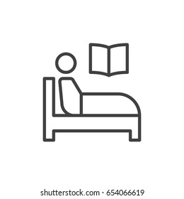 Reading book in bed line icon, outline vector sign, linear style pictogram isolated on white. Symbol, logo illustration. Editable stroke. Pixel perfect