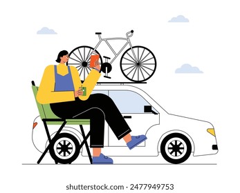 Reading a book between breaks from a road trip in a private car, vector illustration.