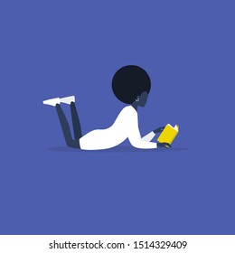 Reading a book. Black female Character lying on a floor. Literature. Modern lifestyle. Flat editable vector illustration, clip art