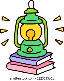 Reading a book by lantern on a camping night