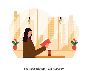 Reading a book in a cafe, city view in the evening, enjoying a drink in peace, coffee shop vector illustration.