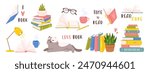 Reading and book. Cartoon colorful elements reading lovers. Open books, stack book, cozy atmosphere, houseplant sleeping cat, glasses, cup of tea. Vector set