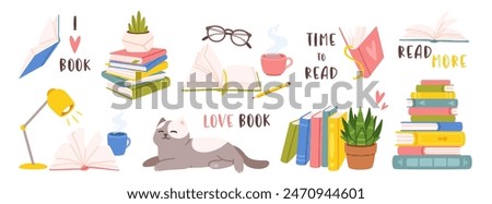 Reading and book. Cartoon colorful elements reading lovers. Open books, stack book, cozy atmosphere, houseplant sleeping cat, glasses, cup of tea. Vector set