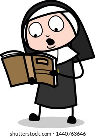Reading Book - Cartoon Nun Lady Vector Illustration