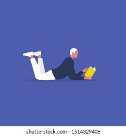 Reading a book. Character lying on a floor. Literature. Modern lifestyle. Flat editable vector illustration, clip art