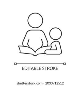 Reading book with child linear icon. Spending time together. Cognitive development. Thin line customizable illustration. Contour symbol. Vector isolated outline drawing. Editable stroke