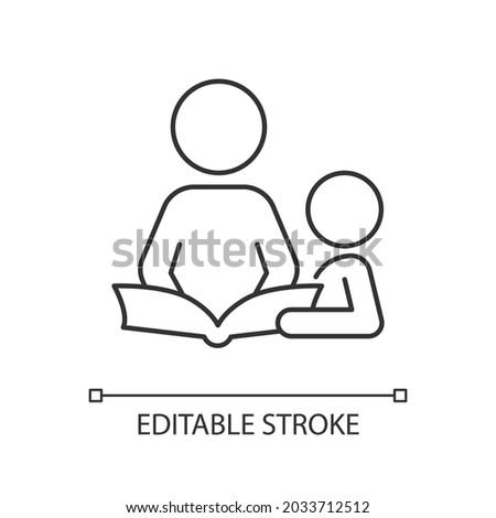 Reading book with child linear icon. Spending time together. Cognitive development. Thin line customizable illustration. Contour symbol. Vector isolated outline drawing. Editable stroke
