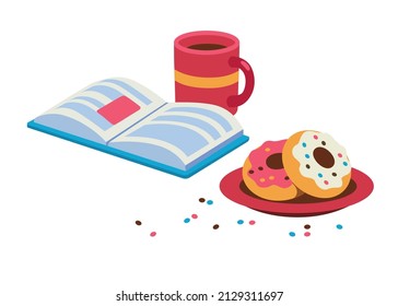 Reading book with coffee and donuts. Vector illustration.