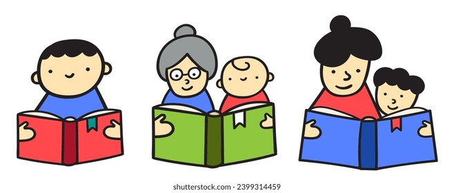 Reading book. Collection of characters. Mother, kid, grandmother. Learning, studying. Read fairy tale bedtime story. Flat hand drawn illustration isolated on white background.