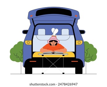 Reading a book comfortably while taking a break on a road trip, vector illustration.