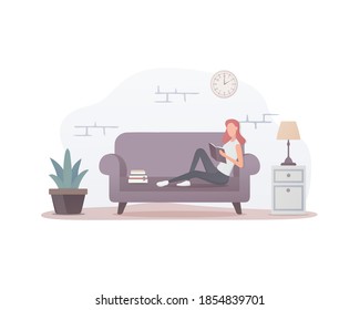 Reading book concept. Colored Flat vector illustration. A person reads a book while lying on the sofa. Isolated on white background. 