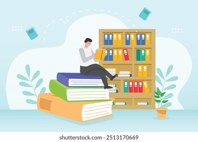 Lendo conceito de livro. Ilustração vetorial plana colorida isolada.	