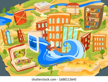 Reading book concept, fantasy world imagination, city build of books like houses, vector illustration. Tiny children cartoon characters, adventures in fairytale world. Creative poster for bookstore