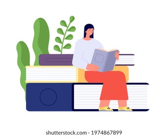 Reading book concept. Girl holding books, female sits on textbooks pile. Young adult study, reader in abstract cozy library. Student utter vector concept