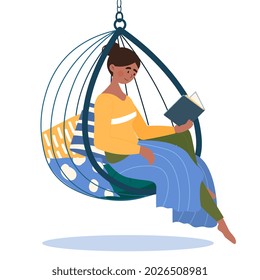 Reading book concept. Girl sitting in comfortable hanging chair and holding book in her hands. Rest and relaxation at home. Cartoon modern flat vector illustration isolated on white background