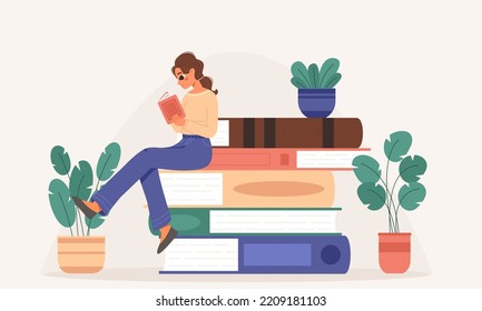 Reading book concept. Library books pile and teen girl read. Educational literature, student lifestyle and learning. Bookstore, snugly vector hobby scene